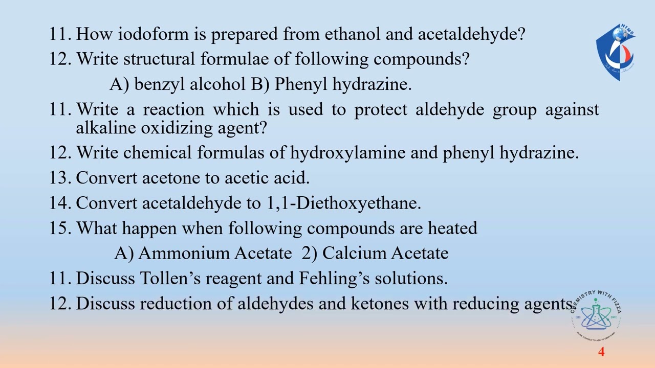 2ndyear || Chapter 12 || Important Short Questions ||  Chemistry Aldehydes and Ketones