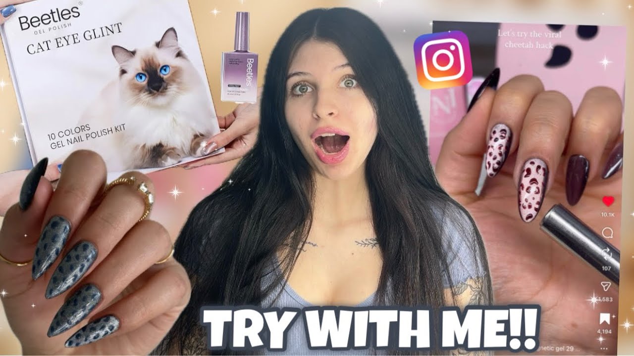Образцы гелевых лаков Beetles Glint Cat Eye из коллекции Viral Cheetah Cat Eye Nails: пошаговая п...