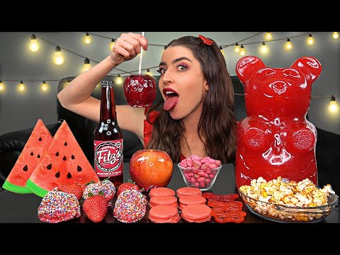 ASMR RED FOODS, 5LB GUMMY BEAR, CANDY APPLE, CHOCOLATE OREOS...