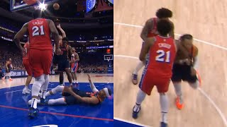 Joel Embiid steps on Josh Hart then Brunson has words for Embiid for elbow 😬