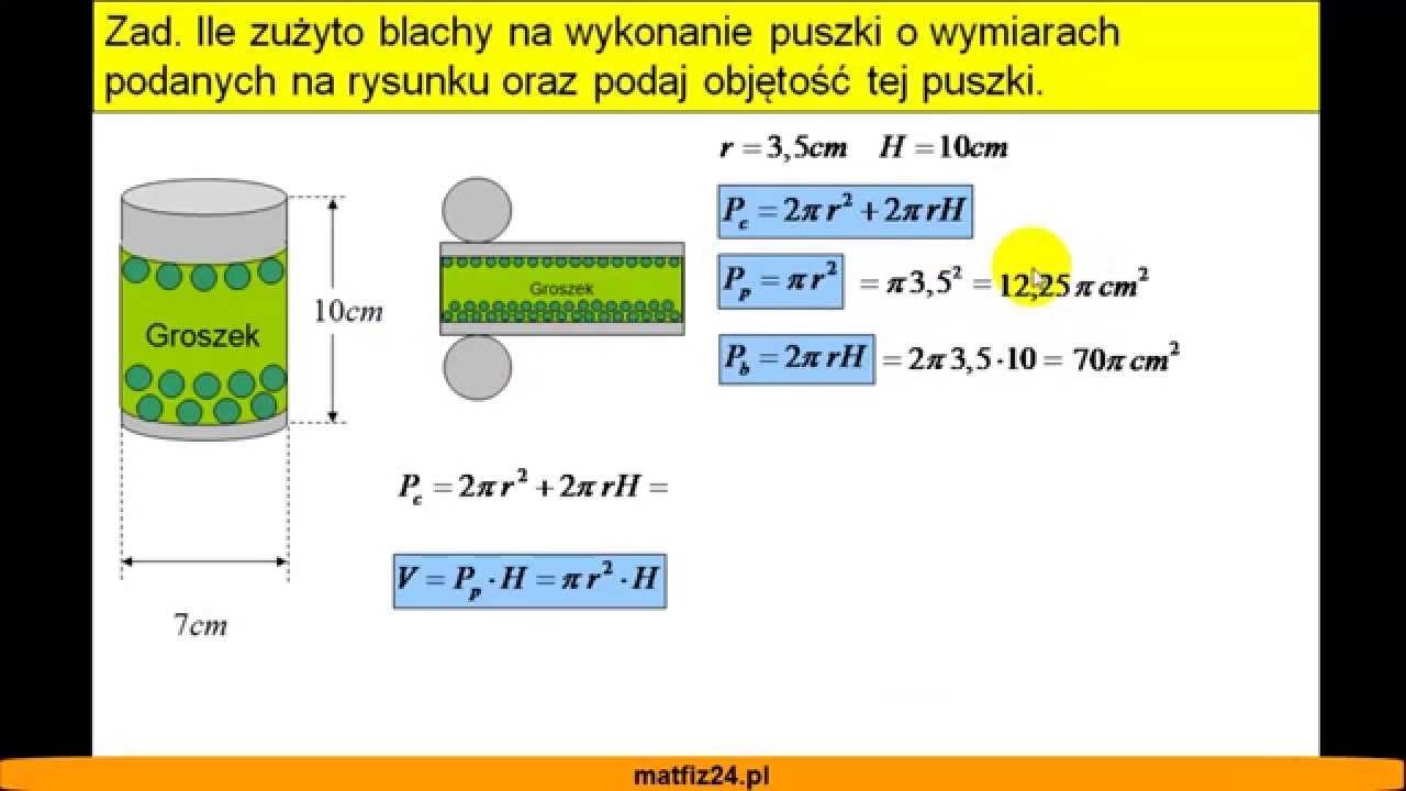 Wzór Na Pole Powierzchni Walca Objętość i pole całkowite walca - Wzory - MatFiz24.pl - YouTube