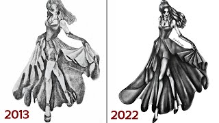 How to draw a fashion sketch | Speed drawing | 2013 vs 2022-نحوه سایه زدن لباس مجلسی | طراحی سرعتی