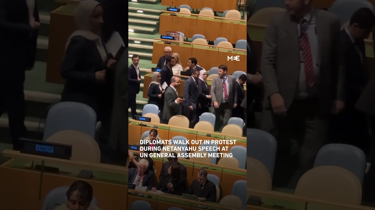 UN delegates walk out during Netanyahu&rsquo;s speech at UN meeting