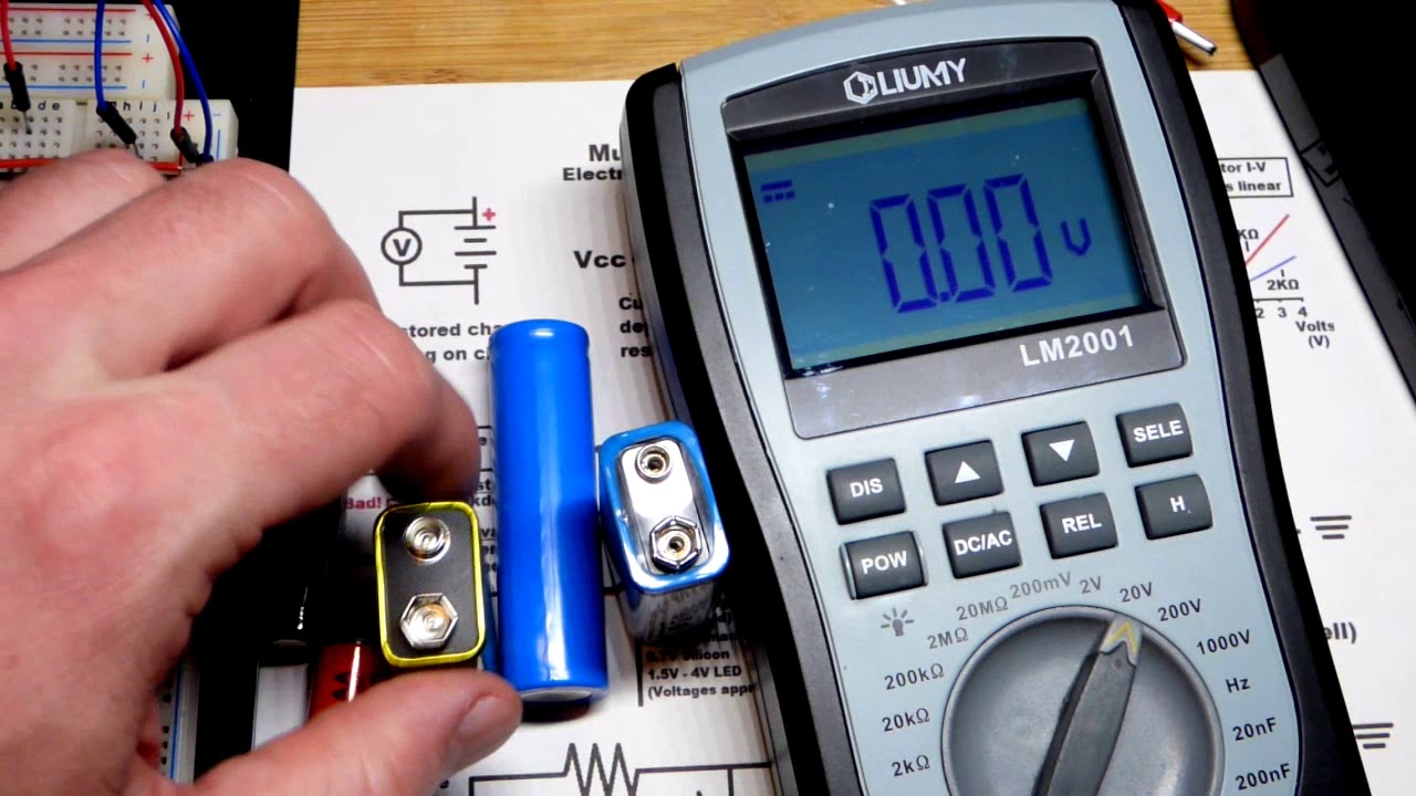Multimeter measuring battery voltage to determine state of ...