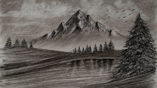 رسومات طبيعه بالقلم الفحم - رسم جبال ثلجية وغيوم واشجار خطوة بخطوة