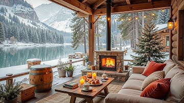 Cozy Winter Lakeside Porch 🎄 Jazz Music Background, Fireplace Sound for Study, Work & Relax