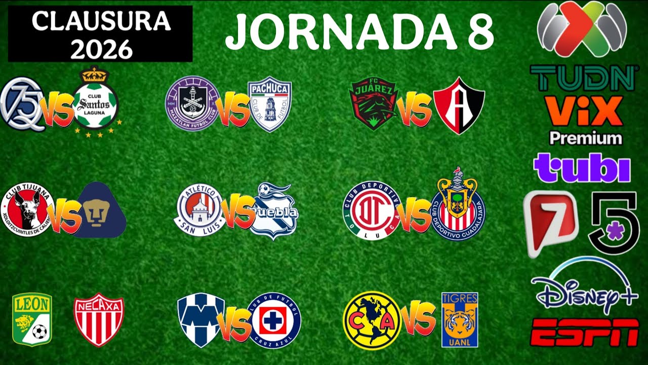 FECHAS,HORARIOS Y CANALES PARA LA JORNADA 8 DE LA LIGA MX CLAUSURA 2026 ...