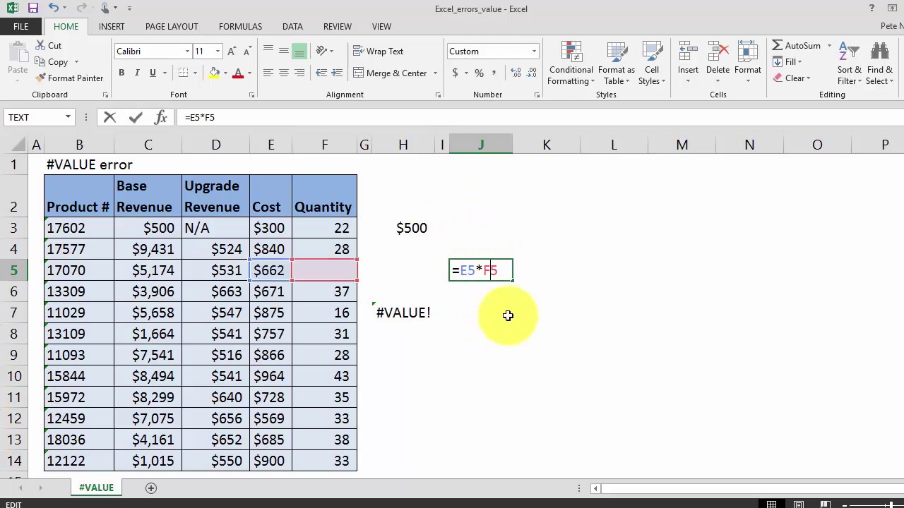 A Value Used In The Formula Is Of The Wrong Data Type