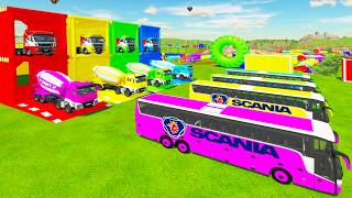 Garage With Color - ALL COLRED SCANIA BUS, MAN MIXER TRUCK TRANSPORTING WITH MAN TRAILER TRUCK #fs22