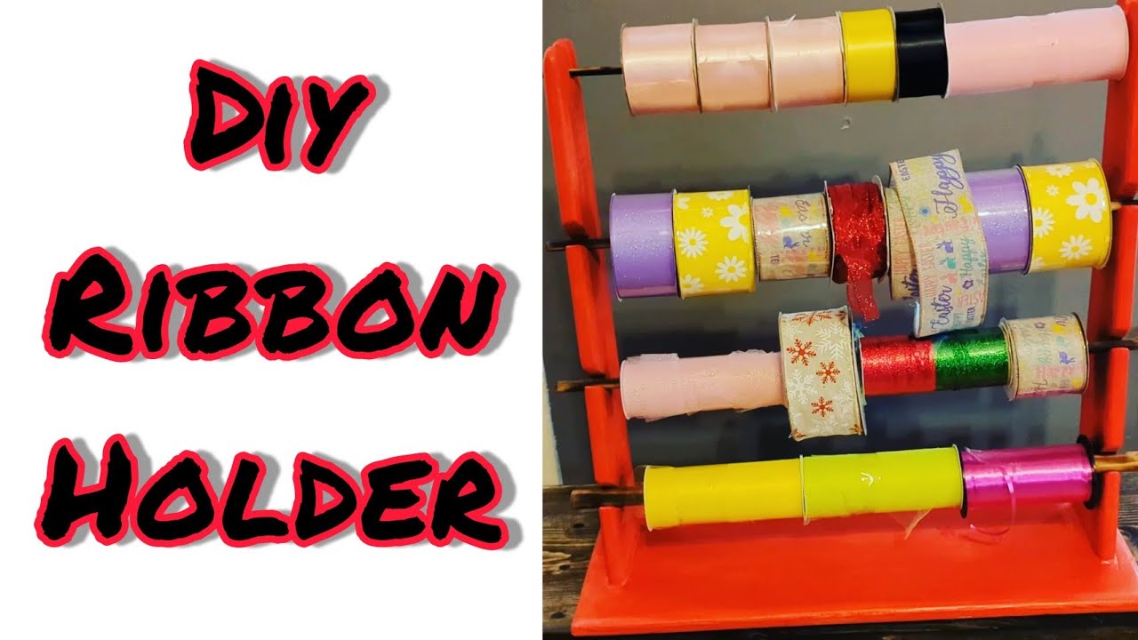 DIY ribbon holder made from stir sticks and dollar tree supplies