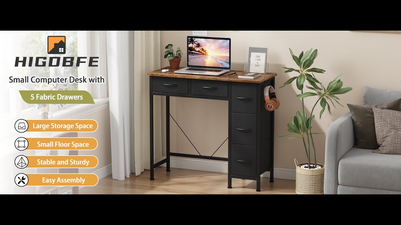 HIGDBFE Small Desk with 5 Fabric Drawers