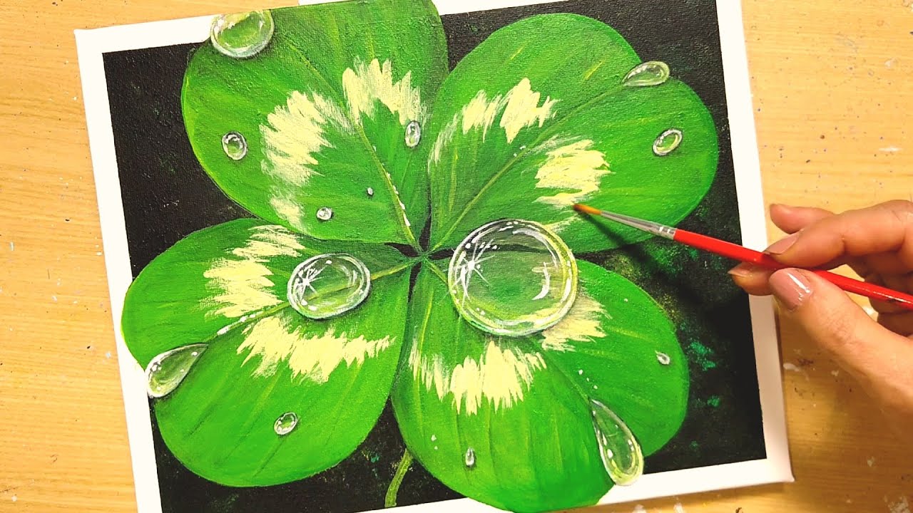 How to draw [water drops on leaves] with acrylic paint / Four-leaf 