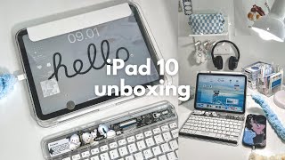 iPad 10 (silver) + accessories aesthetic unboxing  iPadOS 17 homescreen setup, cute keyboard 🤍