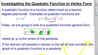 Investigating Quadratic Functions in Vertex Form