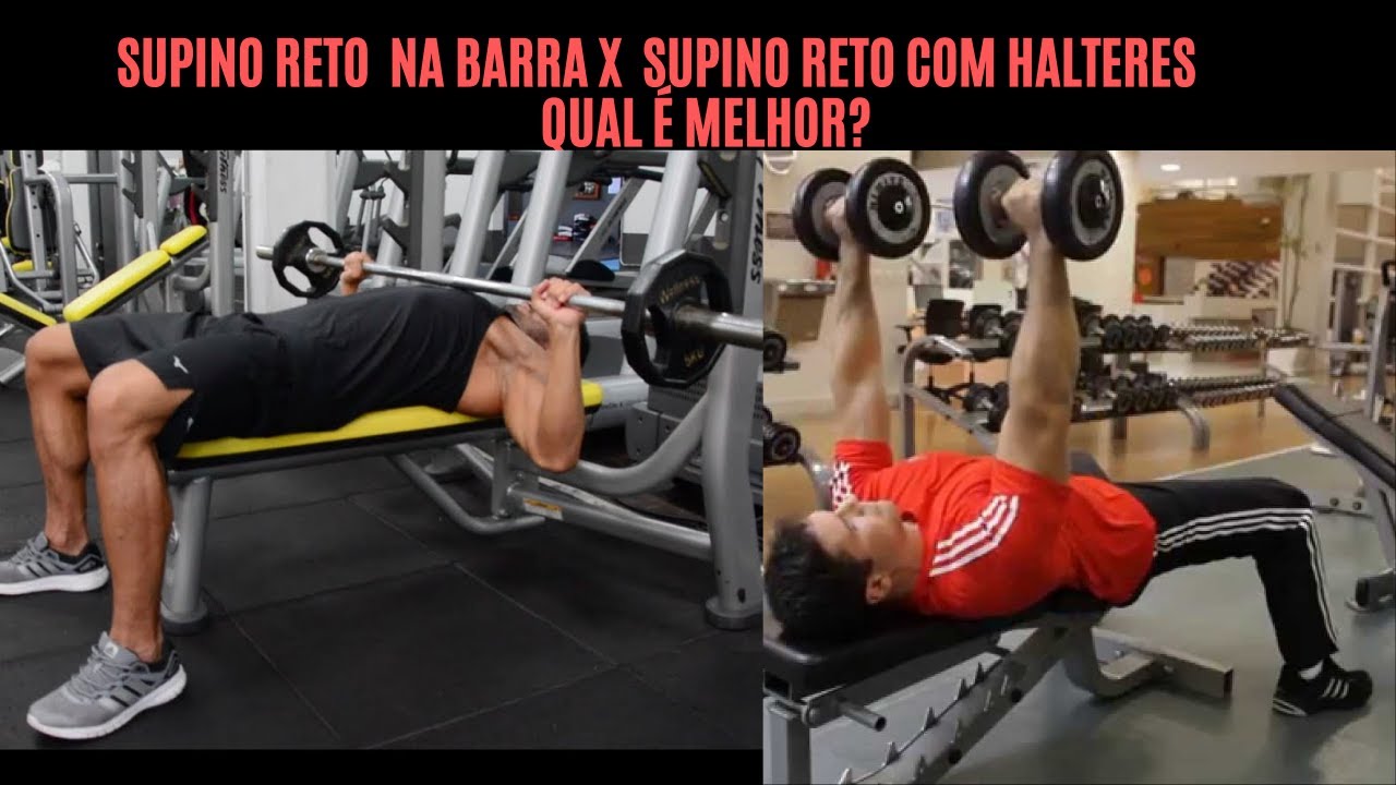 SUPINO RETO NA BARRA X SUPINO RETO COM HALTERES QUAL É MELHOR? - YouTube