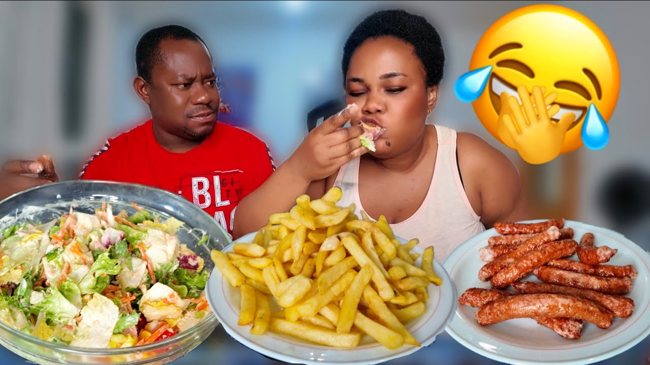 Dice The Number and Eat Mukbang Challenge, fries with sausages, salad Mukbang