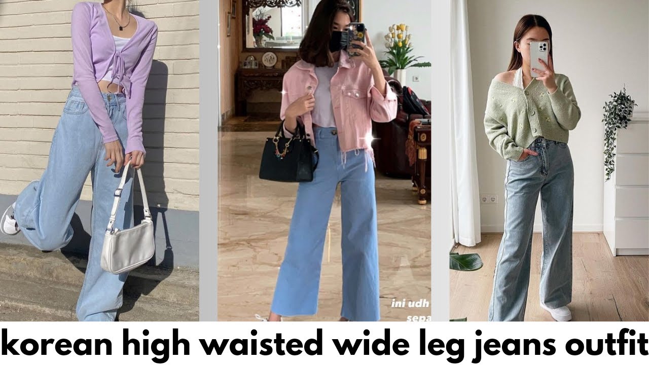 🔺Korean High Waisted Wide leg Jeans Outfits, Wide leg jeans