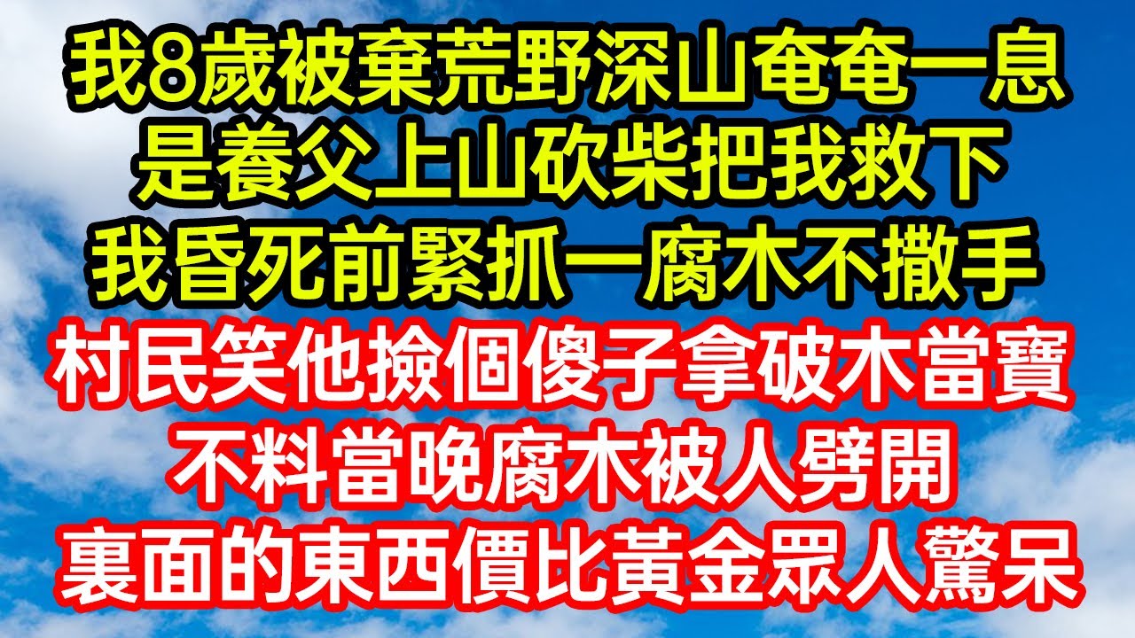 我8歲被棄荒野深山奄奄一息，是養父上山砍柴把我救下，我昏死前緊抓一腐木不撒手，村民笑他撿個傻子拿破木當寶！不料當晚腐木被人劈開，裏面的東西價比黃金眾人驚呆 #笑看人生#爽文#情感故事#晓晨的书桌
