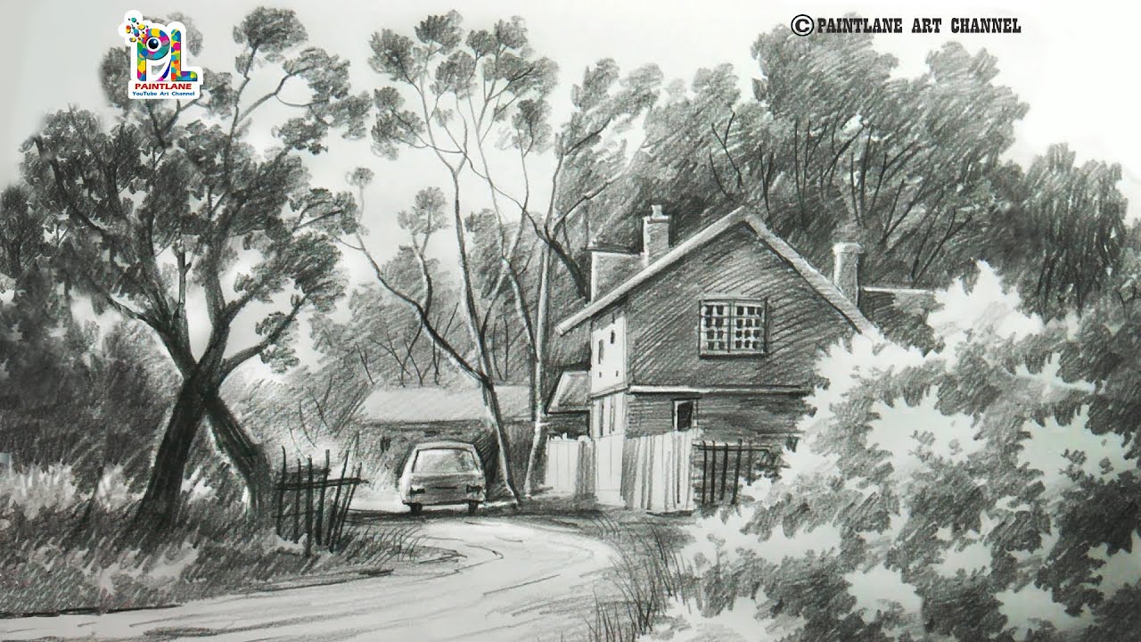 House in the Landscape pencil art drawing and shading for beginners