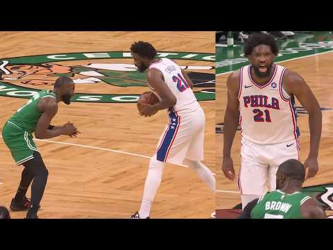 Jaylen Brown talks trash to Joel Embiid then Embiid scores and has words back 🍿