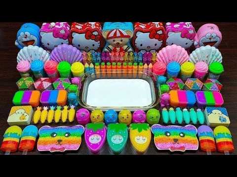 Rainbow slime ! Mixing random things into glossy slime ! Satisfying slime videos !!!