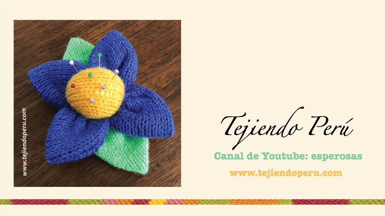 Flor alfiletero tejida en dos agujas o palitos (knitted pincushion flower)