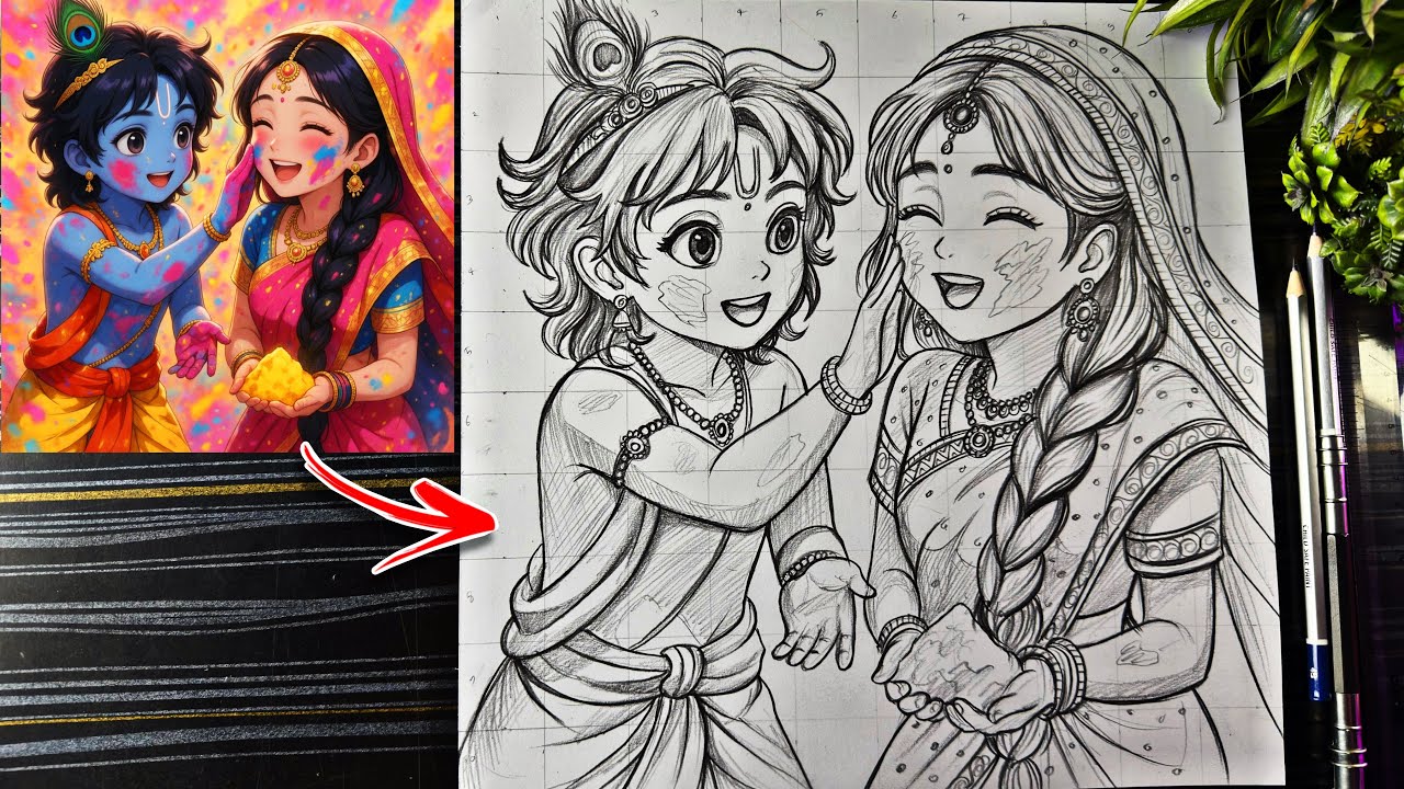 Radha Krishna Holi Drawing, How To Draw Radhakrishna Playing Holi Animestyle, Step By Step Tutorial