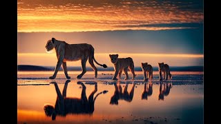 Lioness and cubs cross the great salt pan