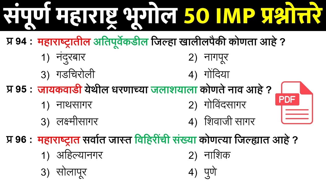 महाराष्ट्र भूगोल संपूर्ण 200 प्रश्नांचा ठोकळा | Maharashtra Geography Questions in Marathi 04