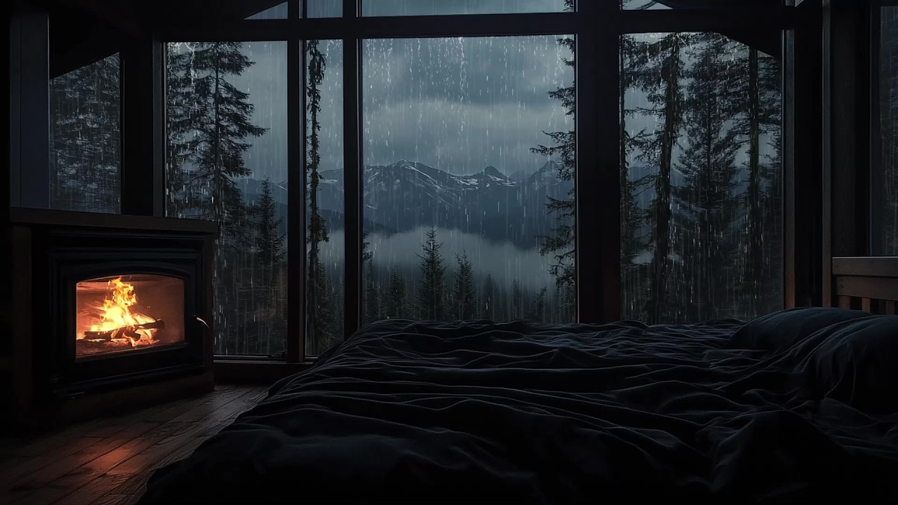 🎹🌧️ Gentle Rain Piano on a Forest Cabin Night | Fireplace Glow & Mountain View | Calm Sleep Study