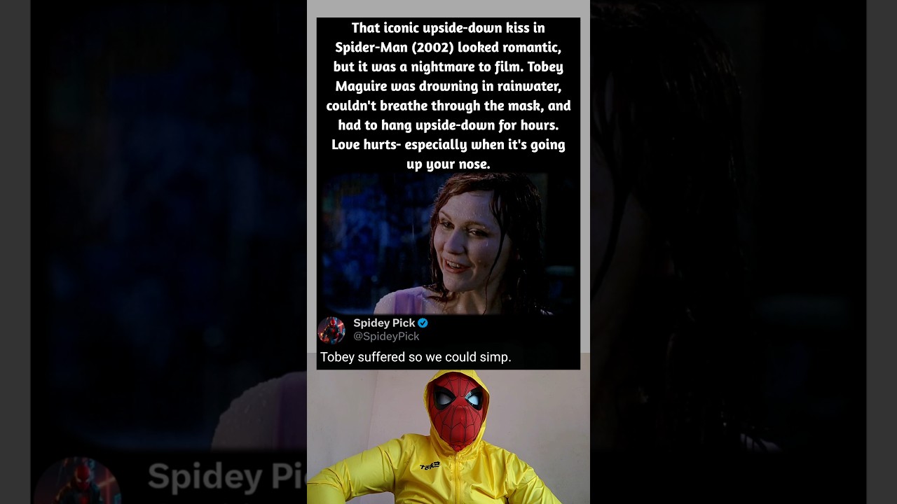 Spider-Man's Rainy Upside-Down Kiss in Spiderman (2002)