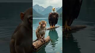 Monkey And Eagle Share A Peaceful Moment By A Mirror Lake