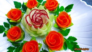 : Attractive Garnish of Radish & Carrot Rose Flowers with Onion & Cilantro Designs