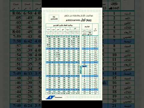 مواقيت الاذان والصلاة عن شهر ربيع أول 1445ه 2023 م لقطاع غزة بفلسطين الموافق سبتمبر واكتوبر2023م
