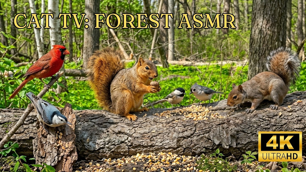 CAT TV NO ADS 4 Hours 🐦 Birds & Squirrels Feast upon the Wood Log 🐿️ Videos for Cats to Watch
