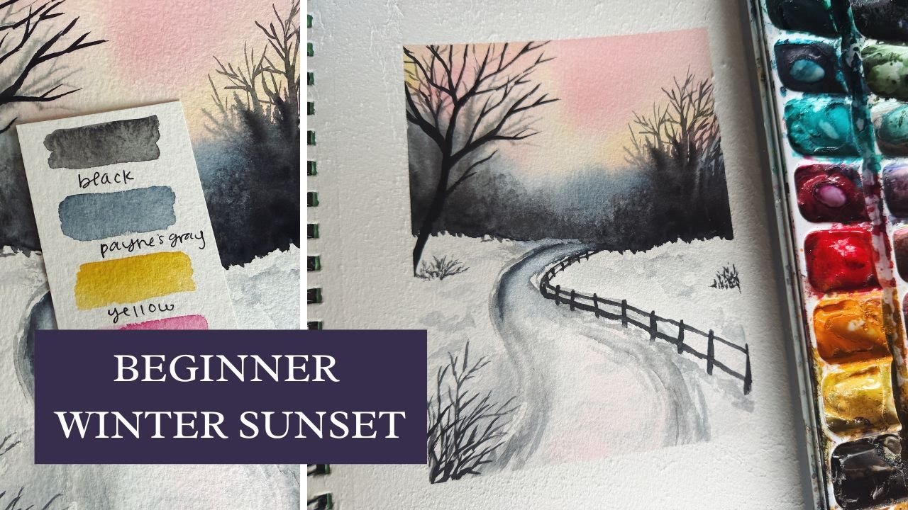 АКВАРЕЛЬНЫЙ Зимний ЗАКАТ. Урок рисования | Для начинающих | Пошаговое рисование снегом