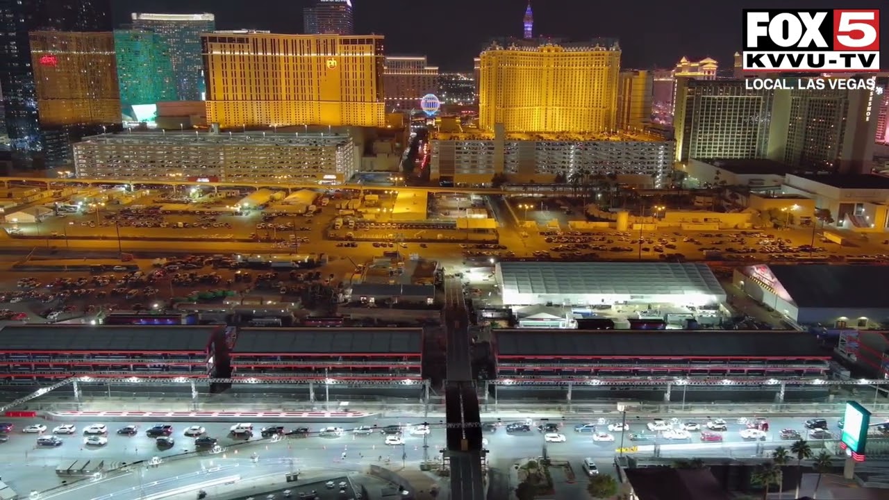 F1 Las Vegas Grand Prix: FOX5 drone gives a look at pit building, track  ahead of race