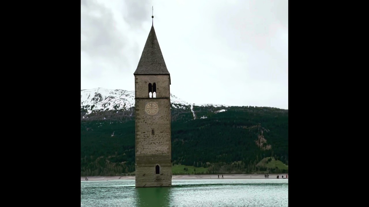 The lost village of Curon remerges from lake Resia since 1950.