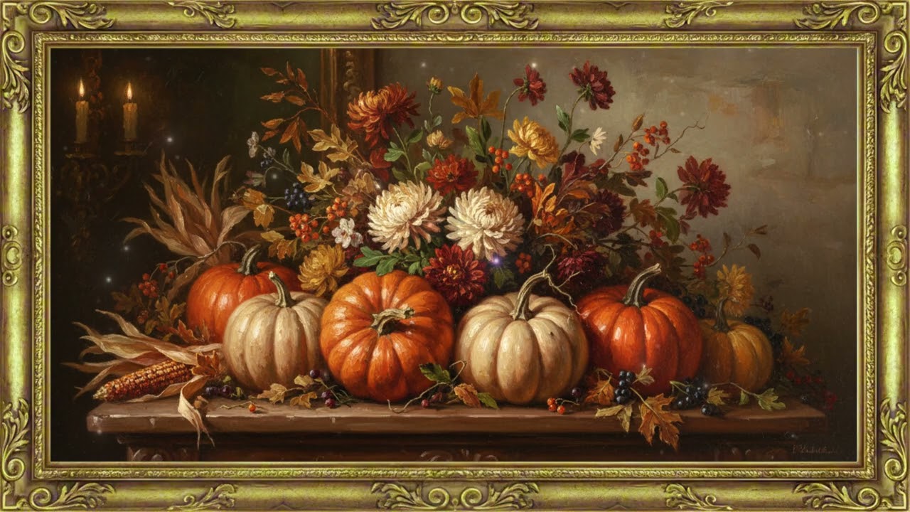 Elegant Autumn Pumpkin Floral Art 🍂  Golden Frame TV Art 4K Ambient Screensaver