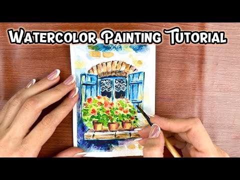 Mini Watercolor Painting Tutorial | Blue Window with Flowers | Relaxing Small Watercolor Art