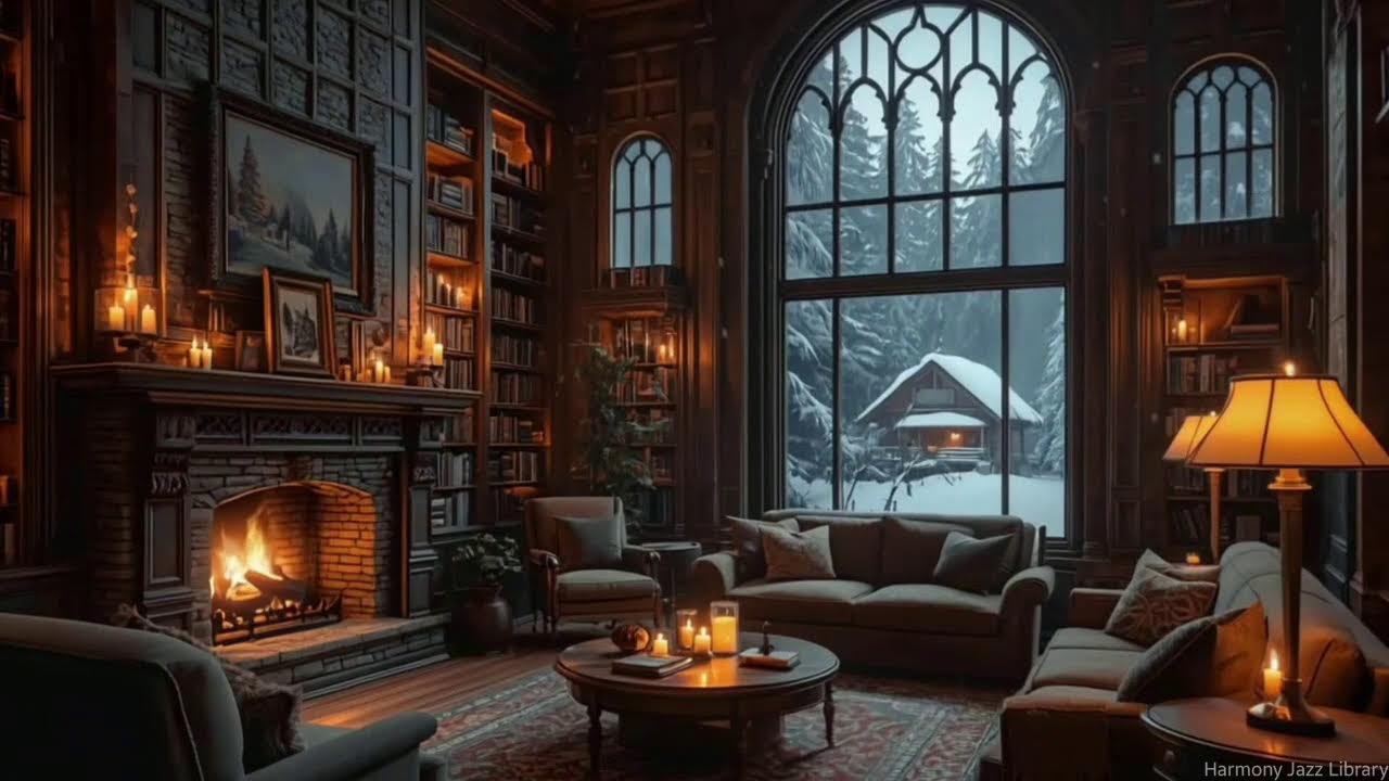 Snowfall Library Jazz with Fireplace & Towering Bookshelves | Bookish Focus and Quiet Study