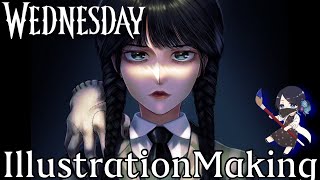 【Wednesday】解説付き!アダムス・ファミリーのウェンズデーのイラスト描いてみた！メイキング illustration  Netflix Addams Family Wednesday