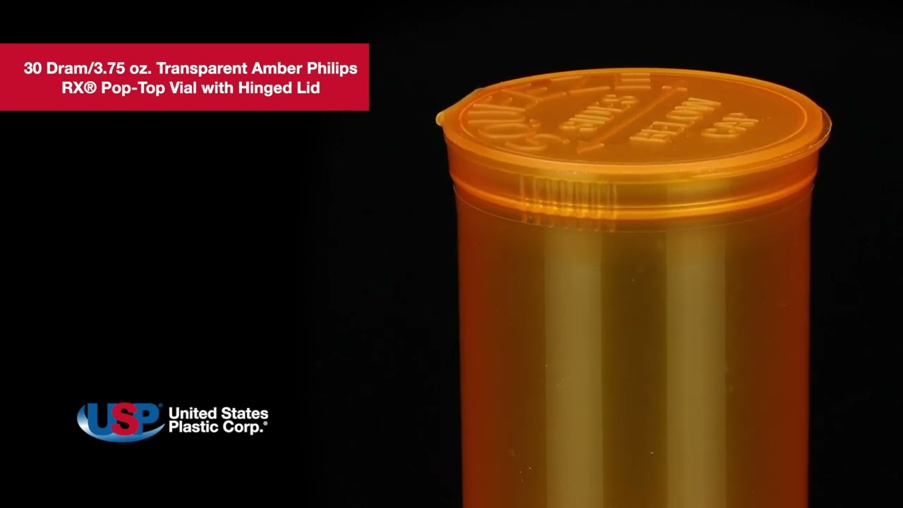 30 Dram Transparent Amber Philips RX® Pop-Top Vial with Hinged Lid | U.S. Plastic Corporation®