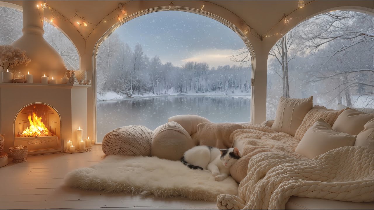 Cozy Winter Fall Cabin Soft Piano Crackling Fireplace Sounds and Cat ...