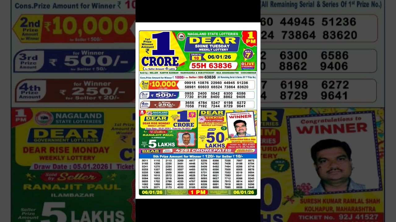Nagaland state lottery result 1PM today 06/01/2026 