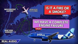 Complete engine failure after takeoff. JetBlue Airbus A320 diverts to New York Kennedy. Real ATC