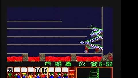 Lemmings SNES Tricky 8 Lemming sanctuary in sight under 2 minutes (6:04 time remain)