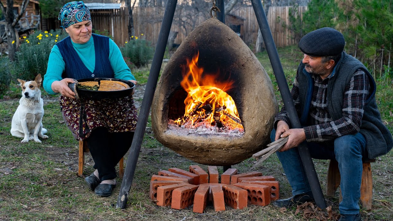 ⁣Earthen Oven Hanging in the Air | Cooking Wild Herb Pie