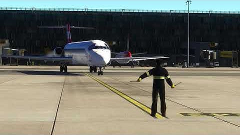 X-Plane. Rotate MD-80 Landing in LOWW, Vienna, and guided on to stand, by marshaller!