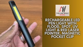 Rechargeable LED Pen Light with Flood, Spot, UV Light & Red Laser Pointer, Magnetic Pocket Clip